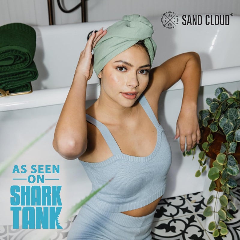 Sand Cloud Cotton Hair Towel Wrap, Sage - Quick Dry Hair Towel for Wet Hair - 100% Turkish Organic Cotton, Half Terry Weave with Binding Edge - 10" x 15" Lightweight, Frizz-Free Hair Drying Towel - Image 2